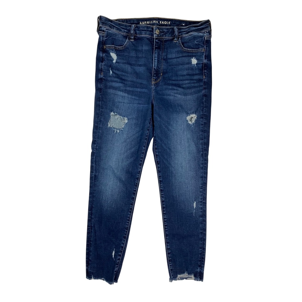 American Eagle Super Hi-Rise Jegging Crop Jean Distressed Frayed Raw Hem Size 12